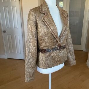 True Meaning Anthropology Tan Snake Beaded Blazer With Feathered Waist